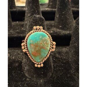 Artisan Pilot Mountain Turquoise & Copper Adj Ring Wide Engraved Band  Boho Gift